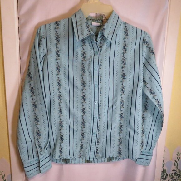 Vintage White Stag Embroidered Aqua Blue Floral & Stripe Button-Up Blouse - Picture 1 of 6